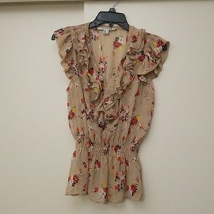 Tan Floral Fitted Blouse with Ruffles
